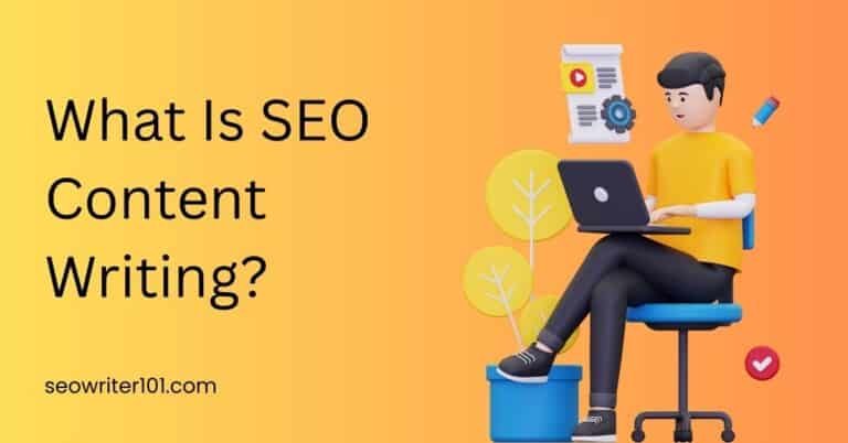 What is SEO content writing illustration showing a writer working on a laptop with SEO elements.