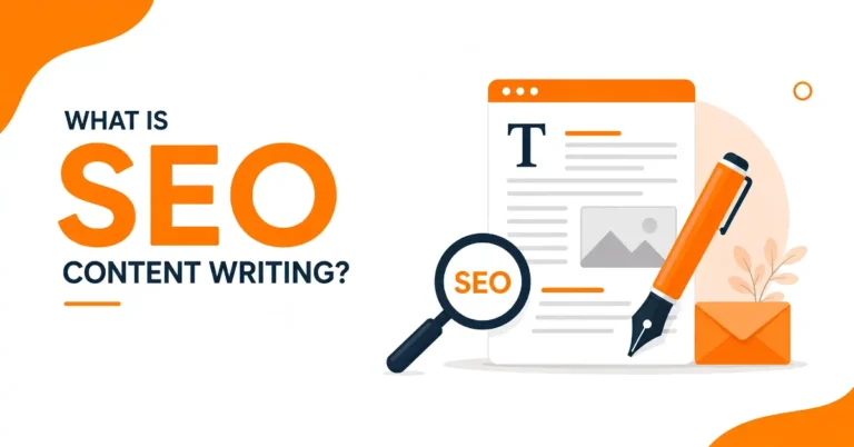 What is SEO content writing illustration with SEO document and content writing icons