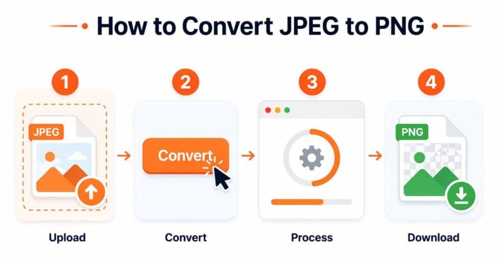 infographic showing steps to convert JPEG to PNG