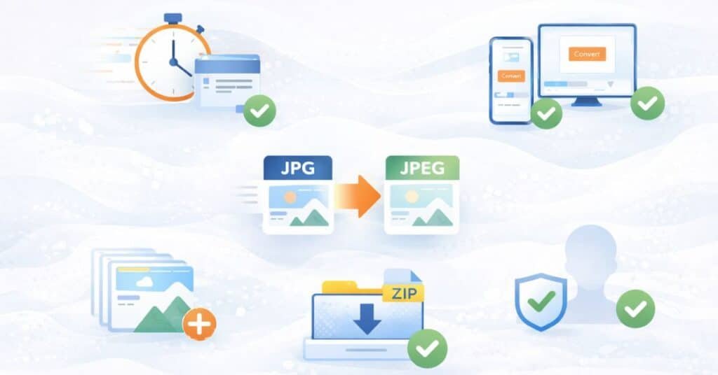 infographic showing JPG into JPEG converter features with icons