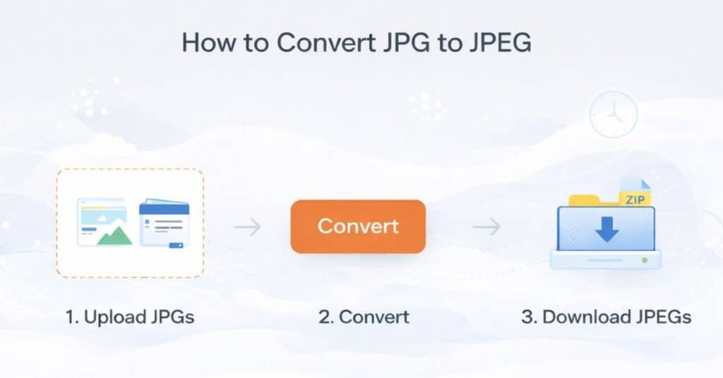 JPG to JPEG conversion steps infographic showing upload, convert, and download process