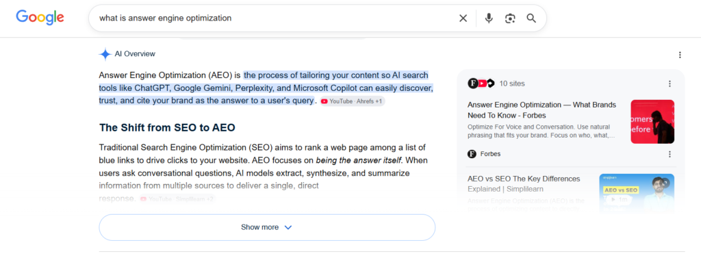search results for what is answer engine optimization by Google AI overview